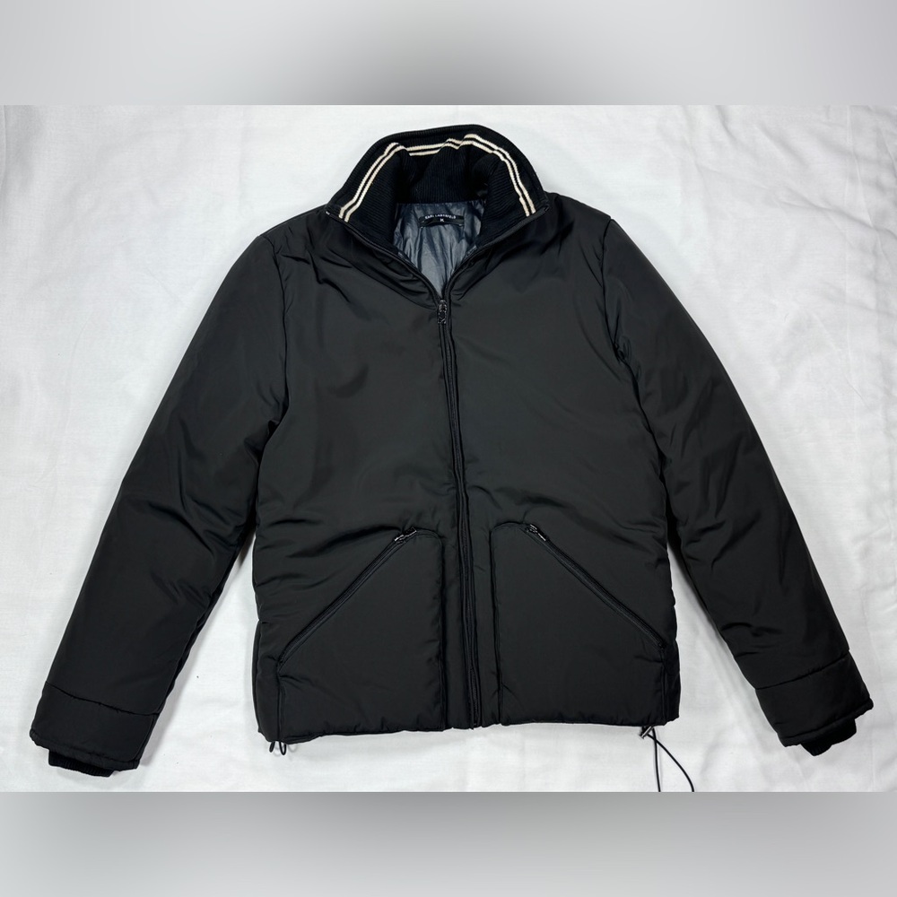 Karl Lagerfeld Paris Bomber Puffer Jacket Ribbed Cotton Cuff Collar Black 40 S